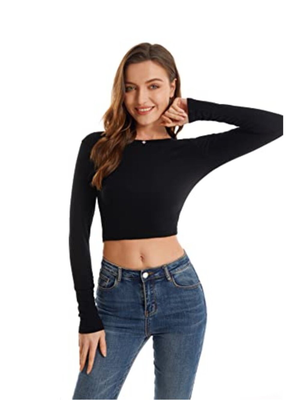 Long Sleeve Crop Top Modal Spandex Ribbed Scoop Neck